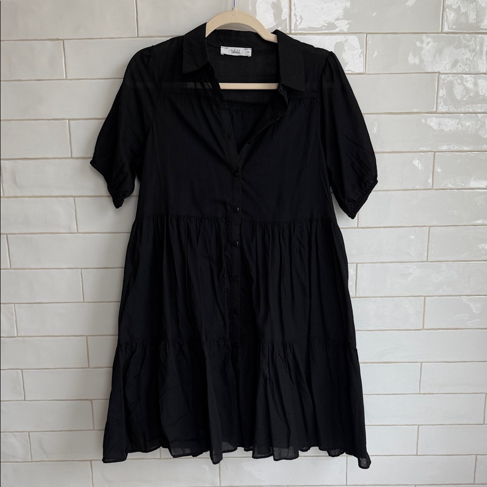 Black Tiered Button-Front Short Sleeve Dress